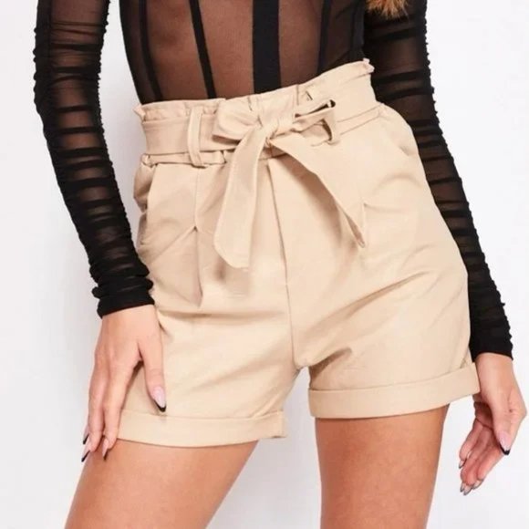 Pants - Beige Vegan Leather Faux Leather High Waist Cuffed Paper Bag Waist Shorts